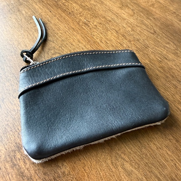 Cowhide Leather Zip Pouch Clutch Black Leather Back Western Boho - Picture 2 of 3